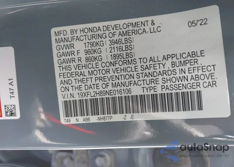 2022 Honda Civic Sport z USA, uszkodzony, nr VIN 19XFL2H89NE016106